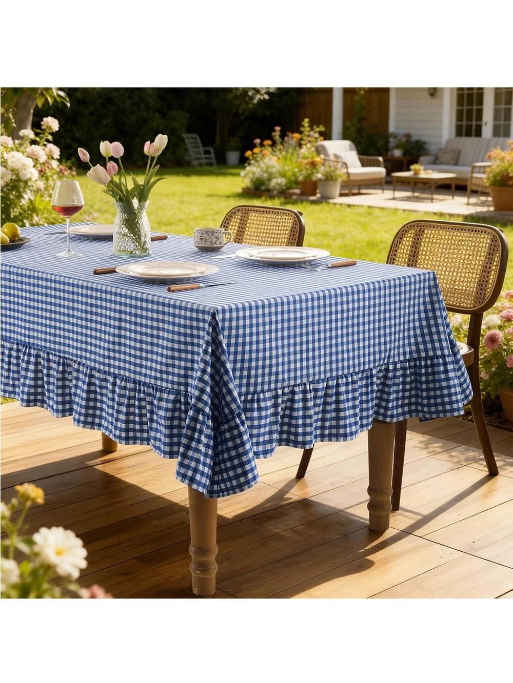 NEW Romanstile Gingham Ruffled Tablecloth Rectangle, 60 x 120 Inch, Blue
